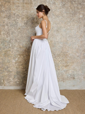 ヴィンテージウェディングドレス バスクウエスト サテン生地 スクエアネック ノースリーブ プリーツ Aライン シンプルブライダルガウン