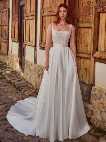 ツーピース ヴィンテージ ウェディングドレス ショート ウェディングドレス サテン生地 レース スクエアネック Aライン トレーン付き ウェディングドレス ノースリーブ ロング