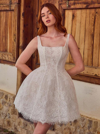 ツーピース ヴィンテージ ウェディングドレス ショート ウェディングドレス サテン生地 レース スクエアネック Aライン トレーン付き ウェディングドレス ノースリーブ ロング