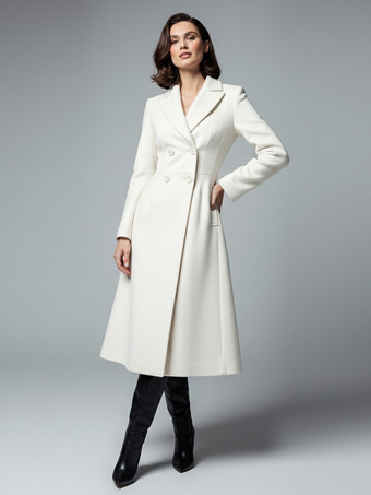 ホワイト シャープなラペルとXラインが特徴のホワイトウールのダブルブレストミディコート（レディース 2025年モデル）