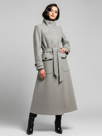 グレイベルト付きウールスタンドカラーロング冬コート（レディース用、機能的なポケット付き）2025年モデル