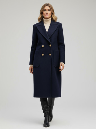 Blu Marino ScuroCappotto midi doppiopetto in lana con bottoni dorati per donna 2025