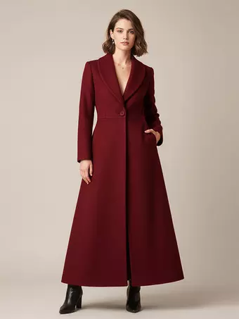 Cappotto lungo in lana con collo a scialle scollo a V e linea ad A