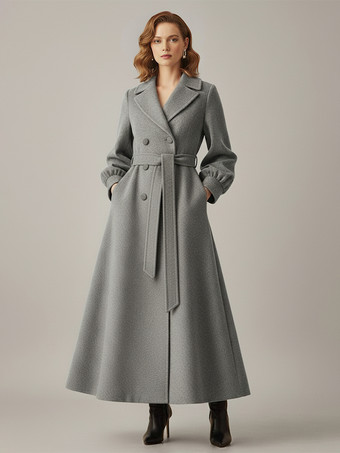 グレイベルト付きダブルブレストウールフルレングスコート（バルーンスリーブ）レディース 2025