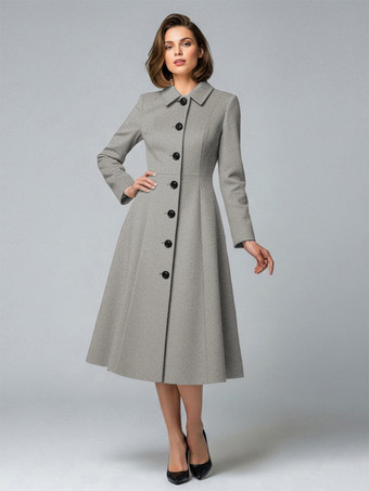 グレイシャツカラーのウールAラインミディコート（レディース）2025