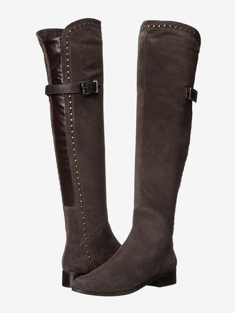 スエードオーバーニーブーツ レディース ラウンドトゥ スタッズ フラット サイハイブーツ