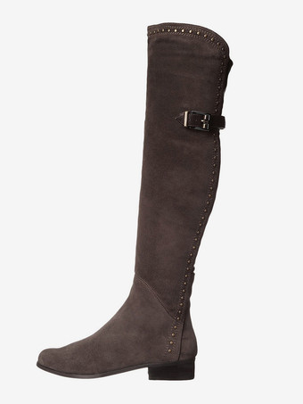 ブラウン スエードオーバーニーブーツ レディース ラウンドトゥ スタッズ フラット サイハイブーツ