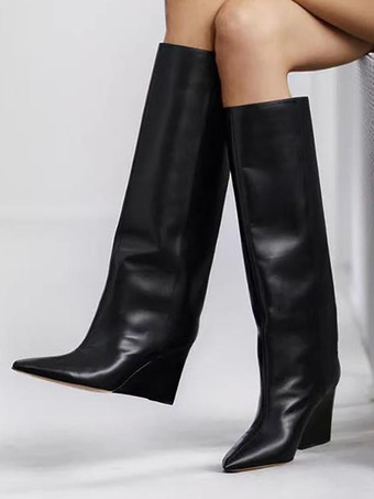 PUブラックブラックニーハイブーツ レディース ポインテッドトゥ ウェッジ ニーレングスブーツ