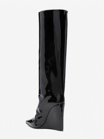 ブラックニーハイブーツ レディース ポインテッドトゥ ウェッジ ニーレングスブーツ