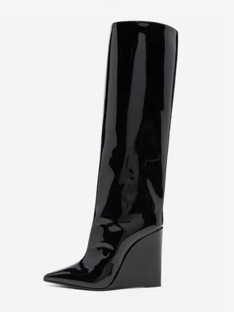 ブラック ブラックニーハイブーツ レディース ポインテッドトゥ ウェッジ ニーレングスブーツ