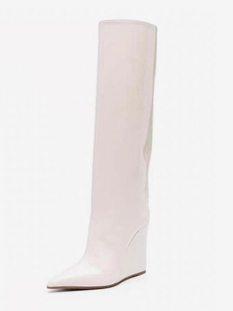 ホワイト ブラックニーハイブーツ レディース ポインテッドトゥ ウェッジ ニーレングスブーツ