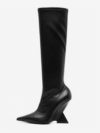 ブラック レディース ウェッジブーツ ポインテッドトゥ デザインヒール ニーハイブーツ