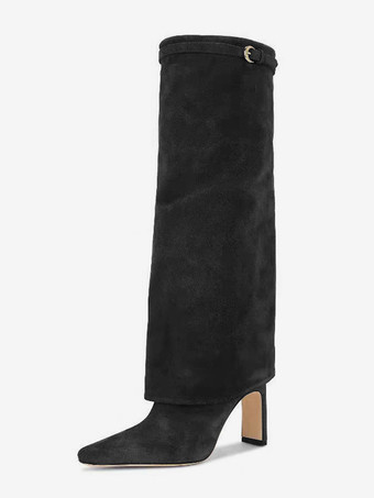 ブラック スエードニーハイブーツ レディース ポインテッドトゥ フォールドオーバーニーハイブーツ