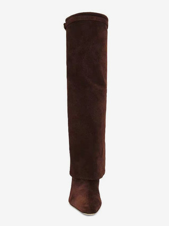 スエードニーハイブーツ レディース ポインテッドトゥ フォールドオーバーニーハイブーツ