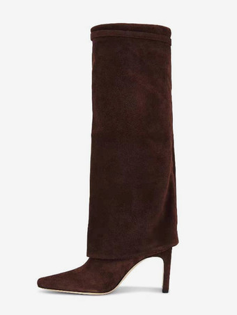 スエードニーハイブーツ レディース ポインテッドトゥ フォールドオーバーニーハイブーツ