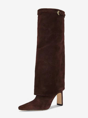 ブラウン スエードニーハイブーツ レディース ポインテッドトゥ フォールドオーバーニーハイブーツ