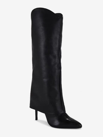 レディース ブラック ニーハイブーツ ハイヒール ポインテッドトゥ フォールドオーバーブーツ