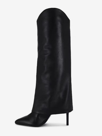 ブラック レディース ブラック ニーハイブーツ ハイヒール ポインテッドトゥ フォールドオーバーブーツ