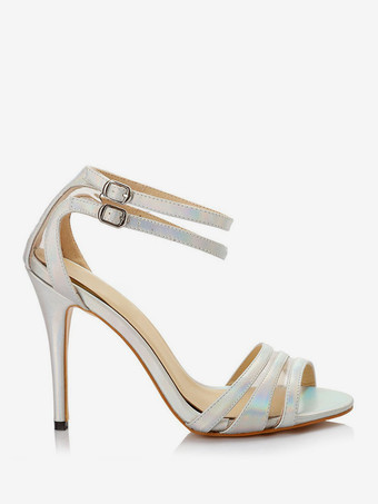 シルバーハイヒールサンダル レディース オープントゥ アンクルストラップ ブライダルシューズ