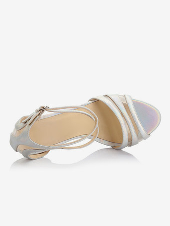 シルバーハイヒールサンダル レディース オープントゥ アンクルストラップ ブライダルシューズ