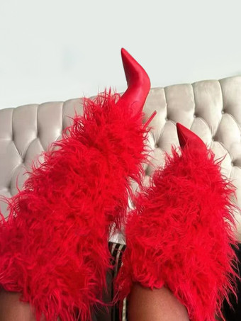 レッド レディースニーハイブーツ フェイクファー ポインテッドトゥ ハイヒール ニーレングスブーツ