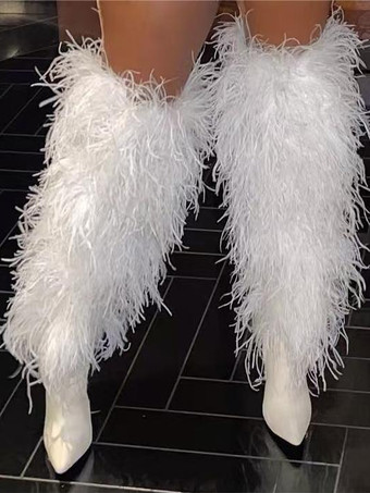 ホワイト レディースニーハイブーツ フェイクファー ポインテッドトゥ ハイヒール ニーレングスブーツ