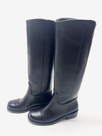 ブラック ブラック乗馬ブーツ レディース ラウンドトゥ フラットニーハイブーツ