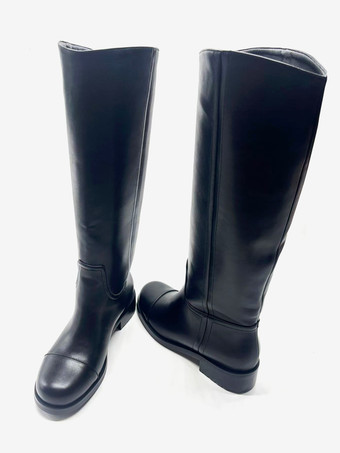 ブラック乗馬ブーツ レディース ラウンドトゥ フラットニーハイブーツ