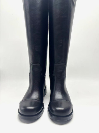 ブラック乗馬ブーツ レディース ラウンドトゥ フラットニーハイブーツ