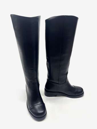 ブラック乗馬ブーツ レディース ラウンドトゥ フラットニーハイブーツ