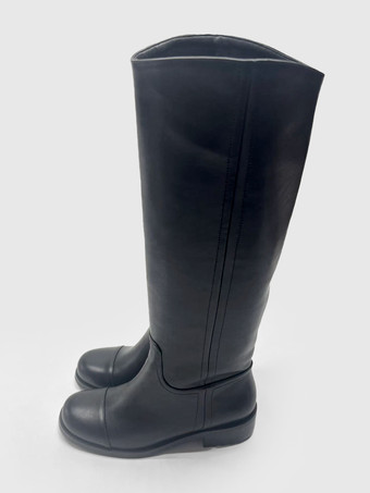 ブラック乗馬ブーツ レディース ラウンドトゥ フラットニーハイブーツ