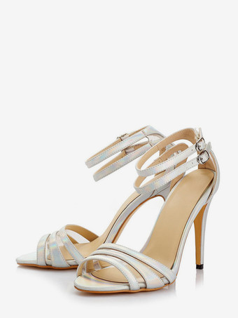 シルバー シルバーハイヒールサンダル レディース オープントゥ アンクルストラップ ブライダルシューズ