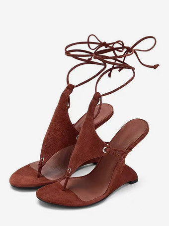 ブラウンレディース ウェッジサンダル オープントゥ レースアップ ウェッジシューズ