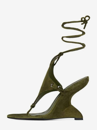 オリーブカラーレディース ウェッジサンダル オープントゥ レースアップ ウェッジシューズ