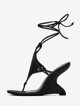 ブラック レディース ウェッジサンダル オープントゥ レースアップ ウェッジシューズ