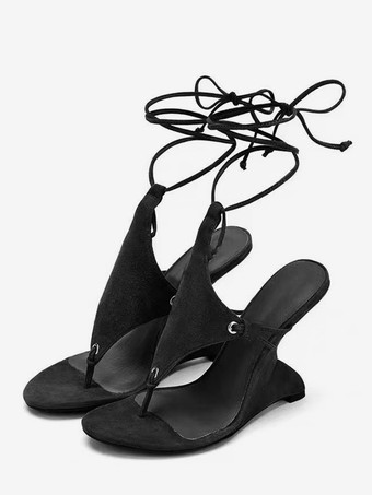 レディース ウェッジサンダル オープントゥ レースアップ ウェッジシューズ