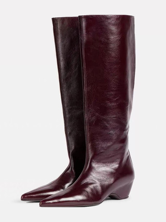 ワインレッド レディースニーハイブーツ ポインテッドトゥ ウェッジヒールブーツ