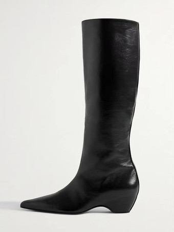 ブラック レディースニーハイブーツ ポインテッドトゥ ウェッジヒールブーツ