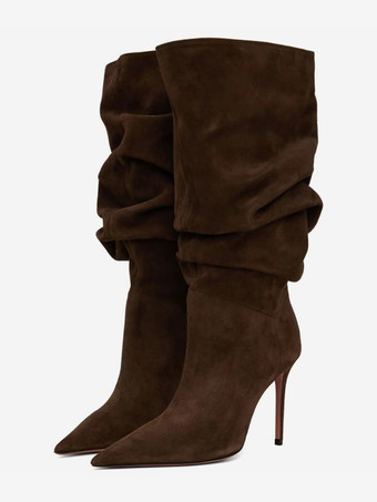 スエードミッドカーフブーツ レディース ポインテッドトゥ スラウチハイヒールブーツ