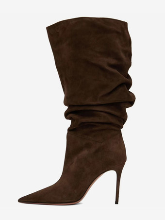 スエードミッドカーフブーツ レディース ポインテッドトゥ スラウチハイヒールブーツ