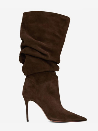 スエードミッドカーフブーツ レディース ポインテッドトゥ スラウチハイヒールブーツ