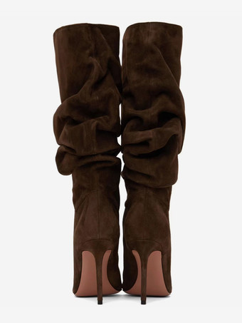 スエードミッドカーフブーツ レディース ポインテッドトゥ スラウチハイヒールブーツ