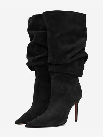 ブラック スエードミッドカーフブーツ レディース ポインテッドトゥ スラウチハイヒールブーツ