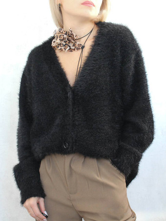Black Fuzzy Knit V-Neck Cardigan For Women 2025