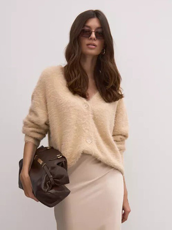 Champagne Fuzzy Knit V-Neck Cardigan For Women 2025