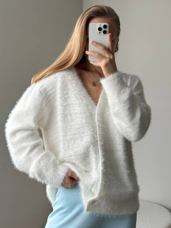White Fuzzy Knit V-Neck Cardigan For Women 2025