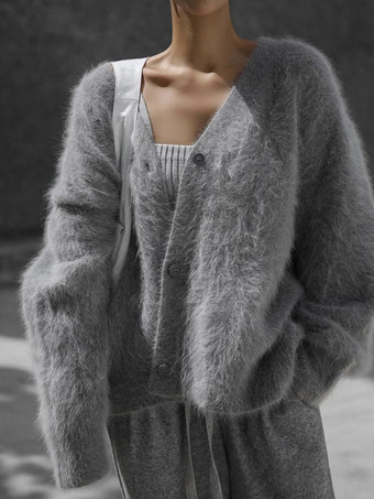 Deep GrayFuzzy Knit V-Neck Cardigan For Women 2025
