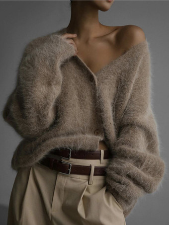 khaki Fuzzy Knit V-Neck Cardigan For Women 2025