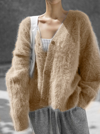 Light Brown Fuzzy Knit V-Neck Cardigan For Women 2025