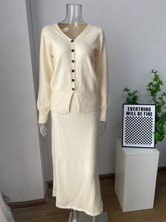 Zweiteiliges Set aus Strickjacke mit V-Ausschnitt und langem Strickrock für Damen 2025